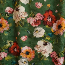 tissu-ameublement-acheter-du-tissu4 Tissu vert avec motifs de fleurs colorées.