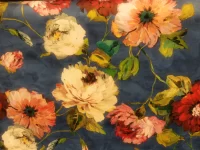 Peinture florale, fleurs colorées sur fond bleu.