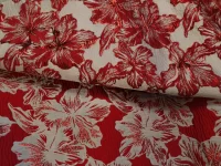 Tissu fleuri rouge et blanc avec motifs hibiscus.